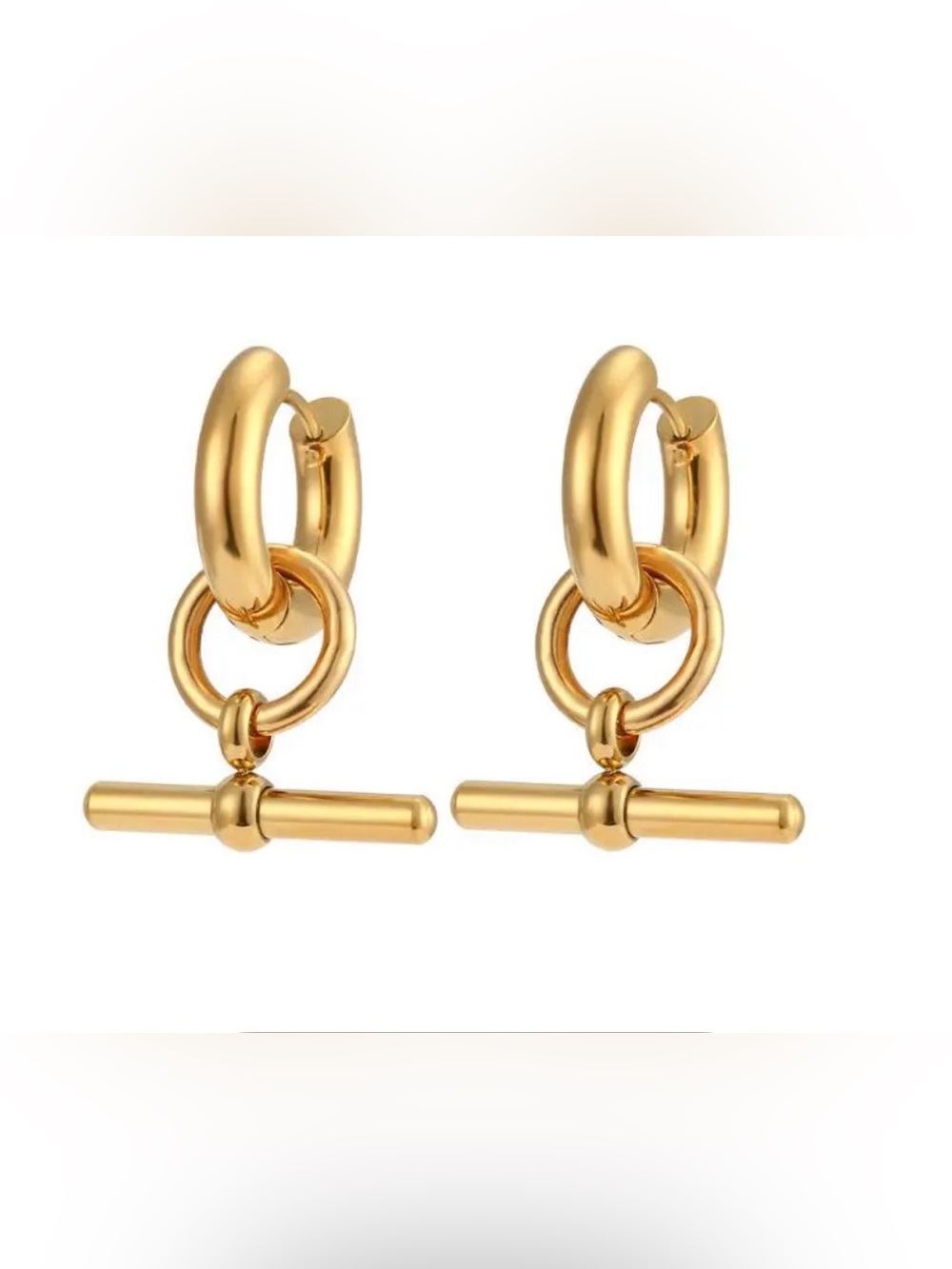 Gold Huggie Hoop T-bar Toggle Drop Earrings
